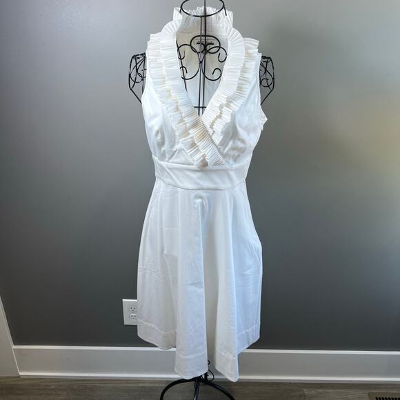 NWT White House Black Market Sleeveless V Neck White Dress Ruffle Collar Size 4 - Picture 1 of 8